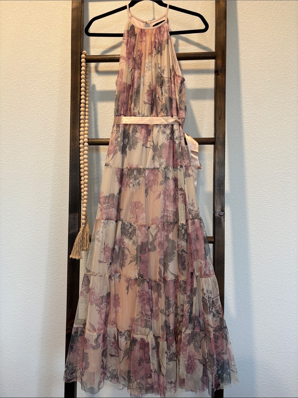 Floral Halter Tiered Maxi Dress in Blush Pink